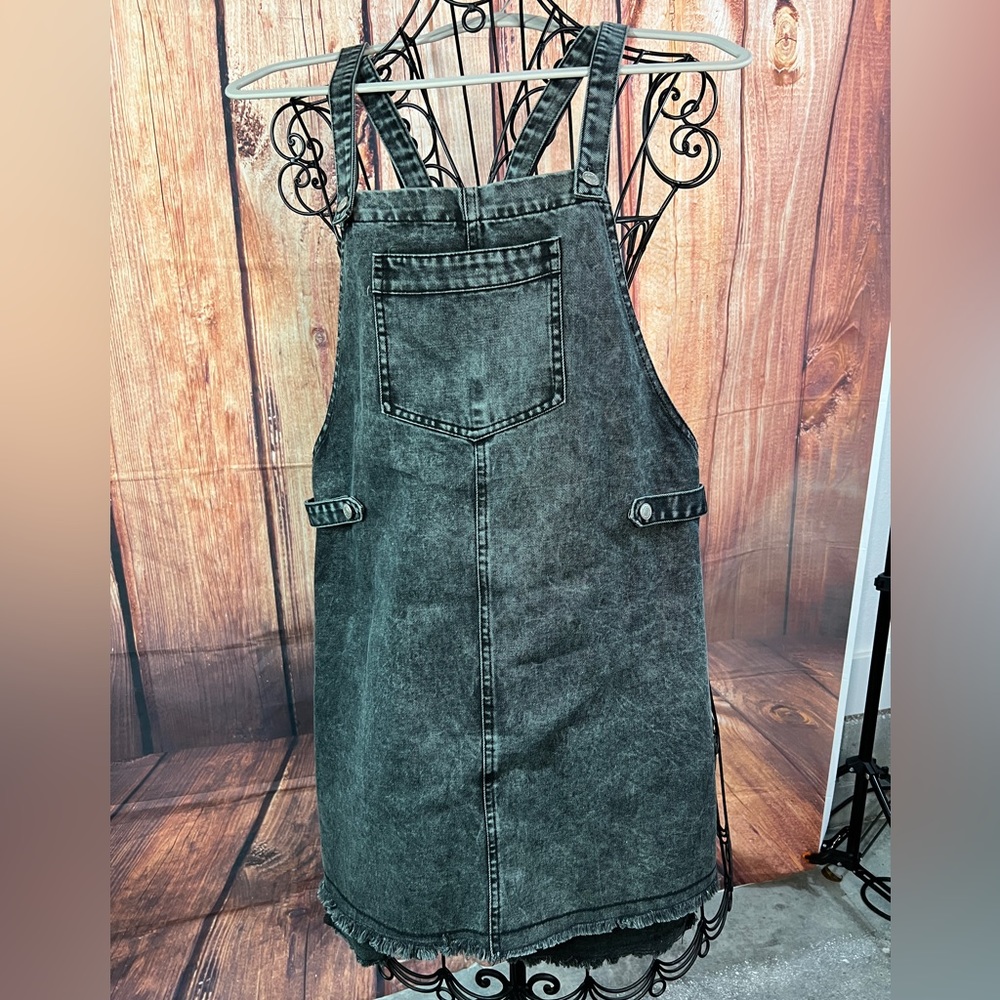 POL Black Denim Overall Dress Size Small w raw hem bottom.